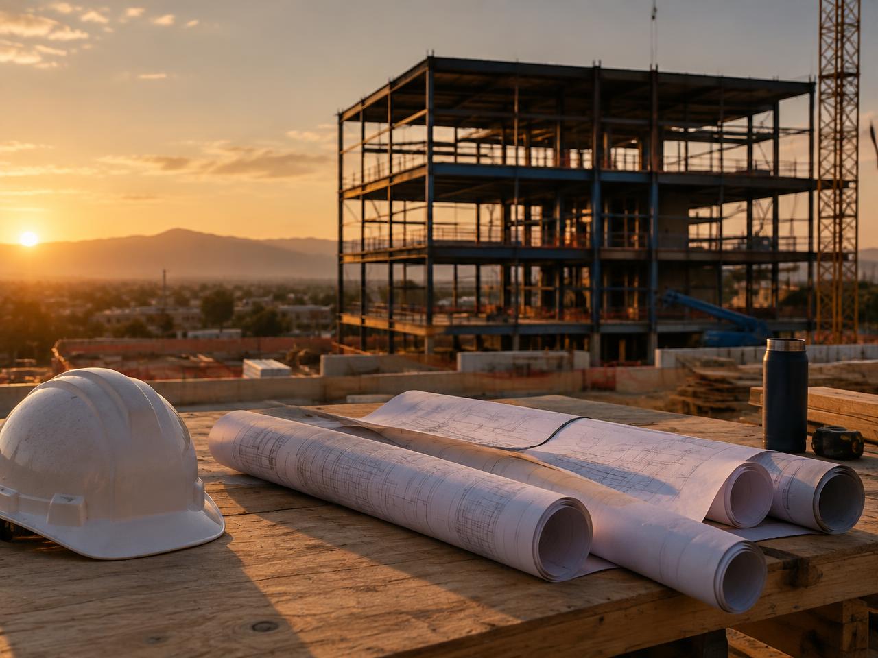 Rolled construction drawings on a site table with a steel-framed building behind