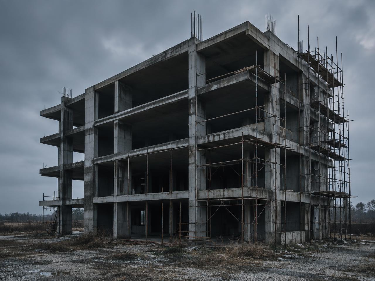A half-finished concrete building structure standing idle under overcast light