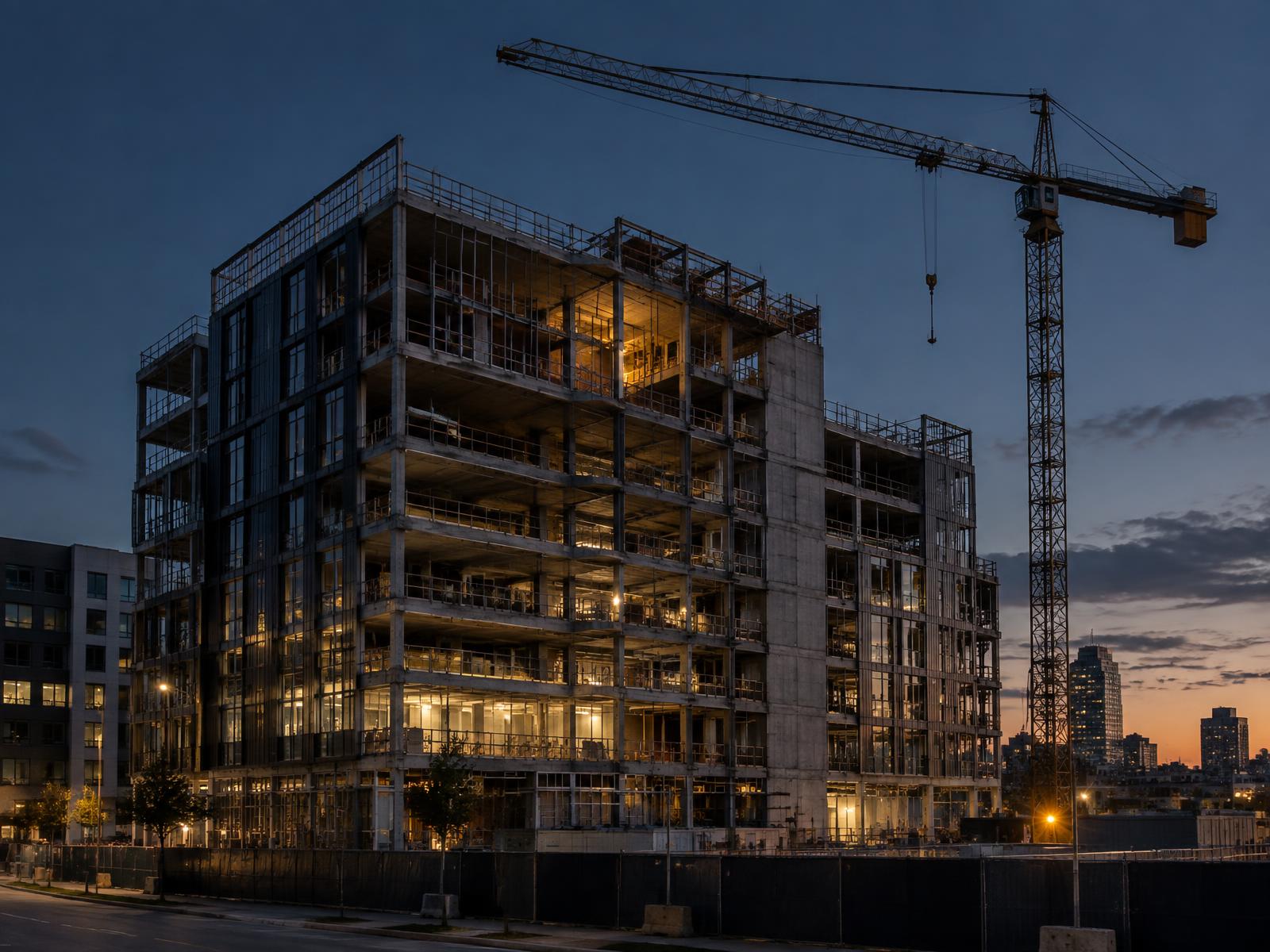 Mid-rise mixed-use building under construction at dusk